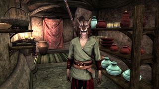 A khajiit character in Morrowind in a house