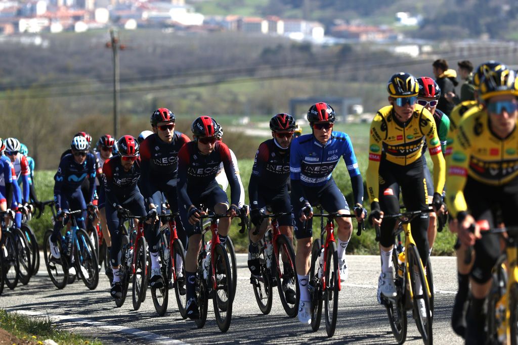 VIANA SPAIN APRIL 05 LR Tao Geoghegan Hart of United Kingdom Carlos Rodriguez Cano of Spain Adam Yates of United Kingdom and Ben Tulett of United Kingdom and Team INEOS Grenadiers Blue Best Young Rider Jersey compete during the 61st Itzulia Basque Country 2022 Stage 2 a 2076km stage from Leitza to Viana 461m itzulia WorldTour on April 05 2022 in Viana Spain Photo by Gonzalo Arroyo MorenoGetty Images