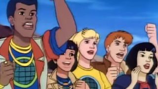 Kwame, Ma-Ti, Linka, Gi, and Wheeler cheering on Captain Planet on Captain Planet and the Planeteers