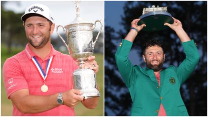 Jon Rahm with the US Open and Masters trophies 