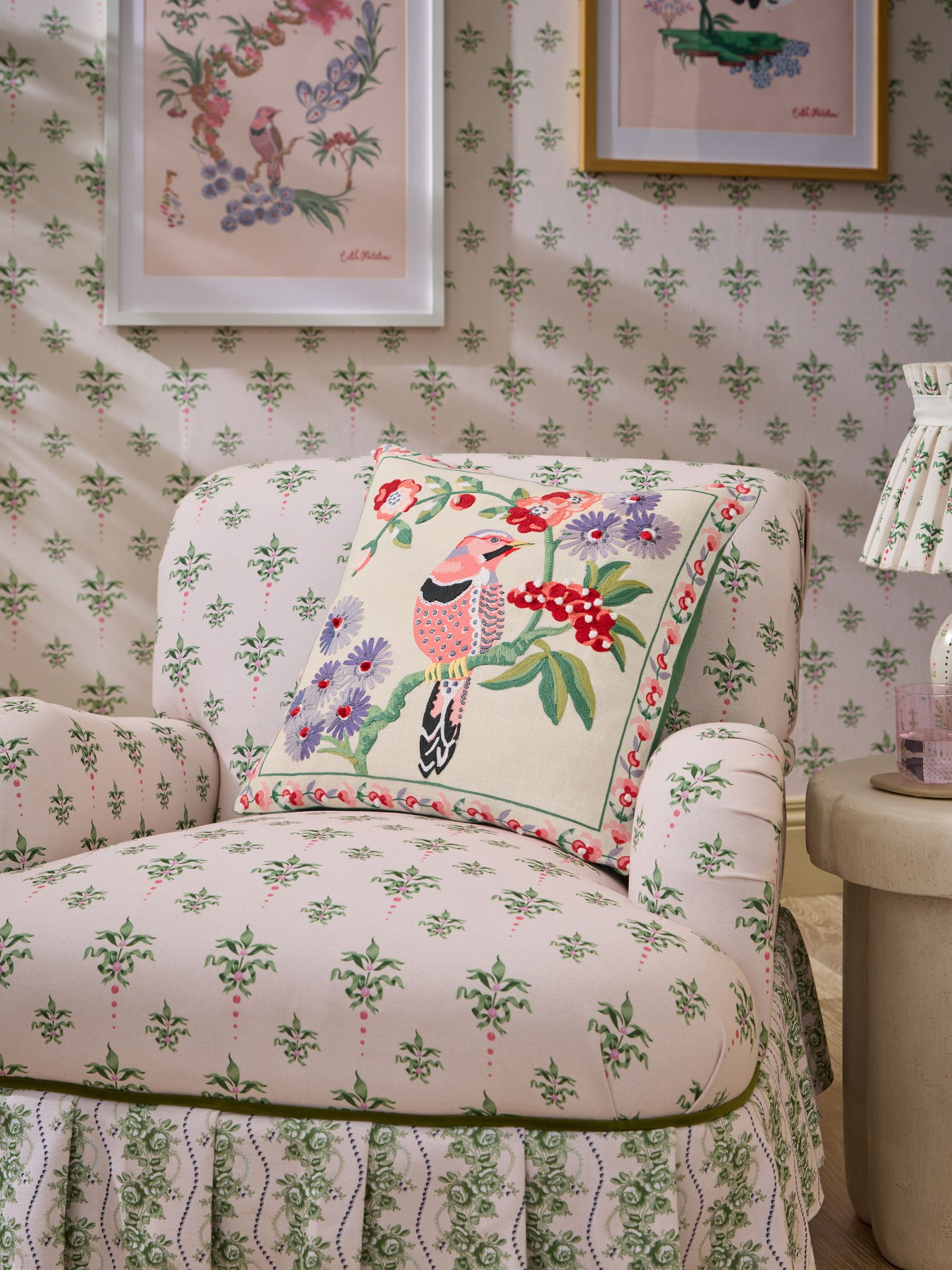 Cath Kidston Natural Birds and Berries Embroidered Cotton Cushion - Size 45x45