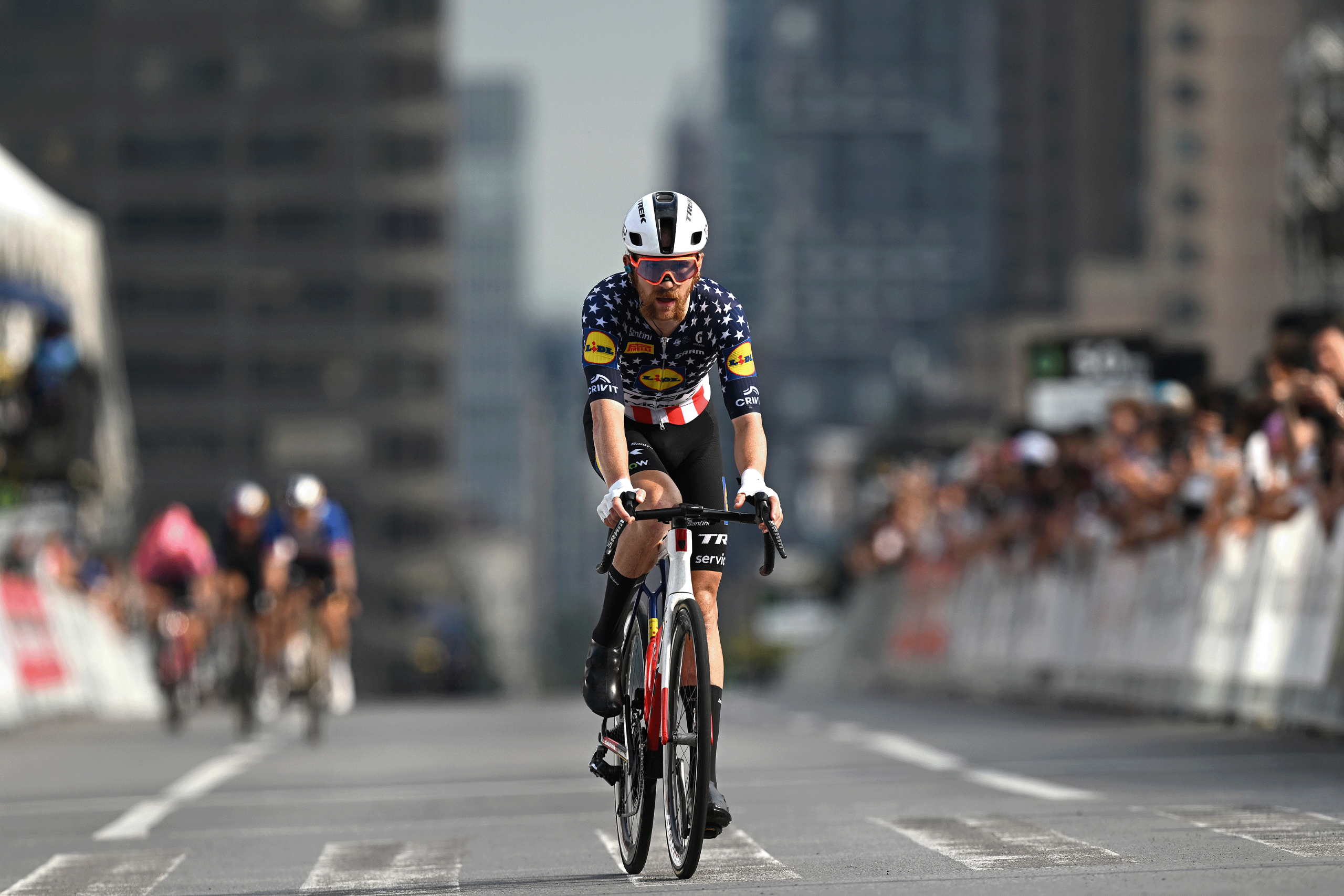 Quinn Simmons of United States and Team Lidl - Trek crosses the finish line during the 15th Grand Prix Cycliste de Montreal 2026 a 214.4km one day race from Montreal to Montreal / #UCIWT / on September 13, 2026 in Montreal, Quebec. (Photo by Dario Belingheri/Getty Images)