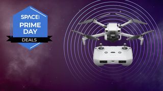 The DJI Mini 3 drone on a Space Amazon Prime Day backdrop