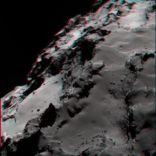 Anaglyph image of part of Comet 67P/Churyumov–Gerasimenko's large lobe, focusing on the smooth region named Ash and the exposed layers in Seth. To best enjoy the 3D effect, use red–blue/green 3D glasses