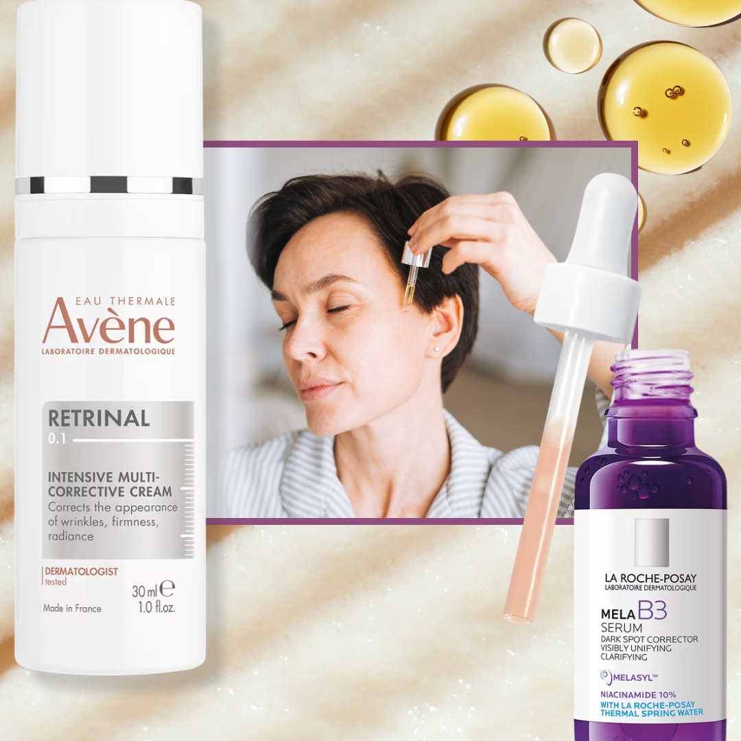 mature woman using a dark spot corrector on a collage of dark spot correctors