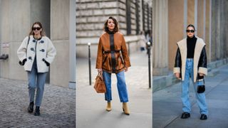 A composite of street style influencers showing winter outfit ideas jeans and statement coat
