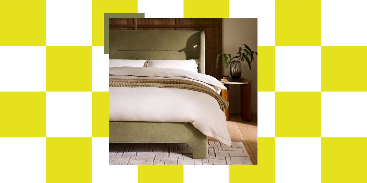 next green upholstered hotel bedframe with built-in lights on a lime checkered background