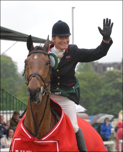 A jubilant Mary King shows her delight at winning the World Cup qualifier on Call Again Cavalier at the Chatsworth Nissan International Horse Trials