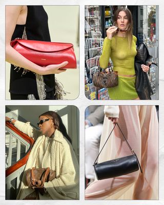 kolase influencer dan model yang mengenakan tren tas tangan tahun 90an: dompet berbentuk tong