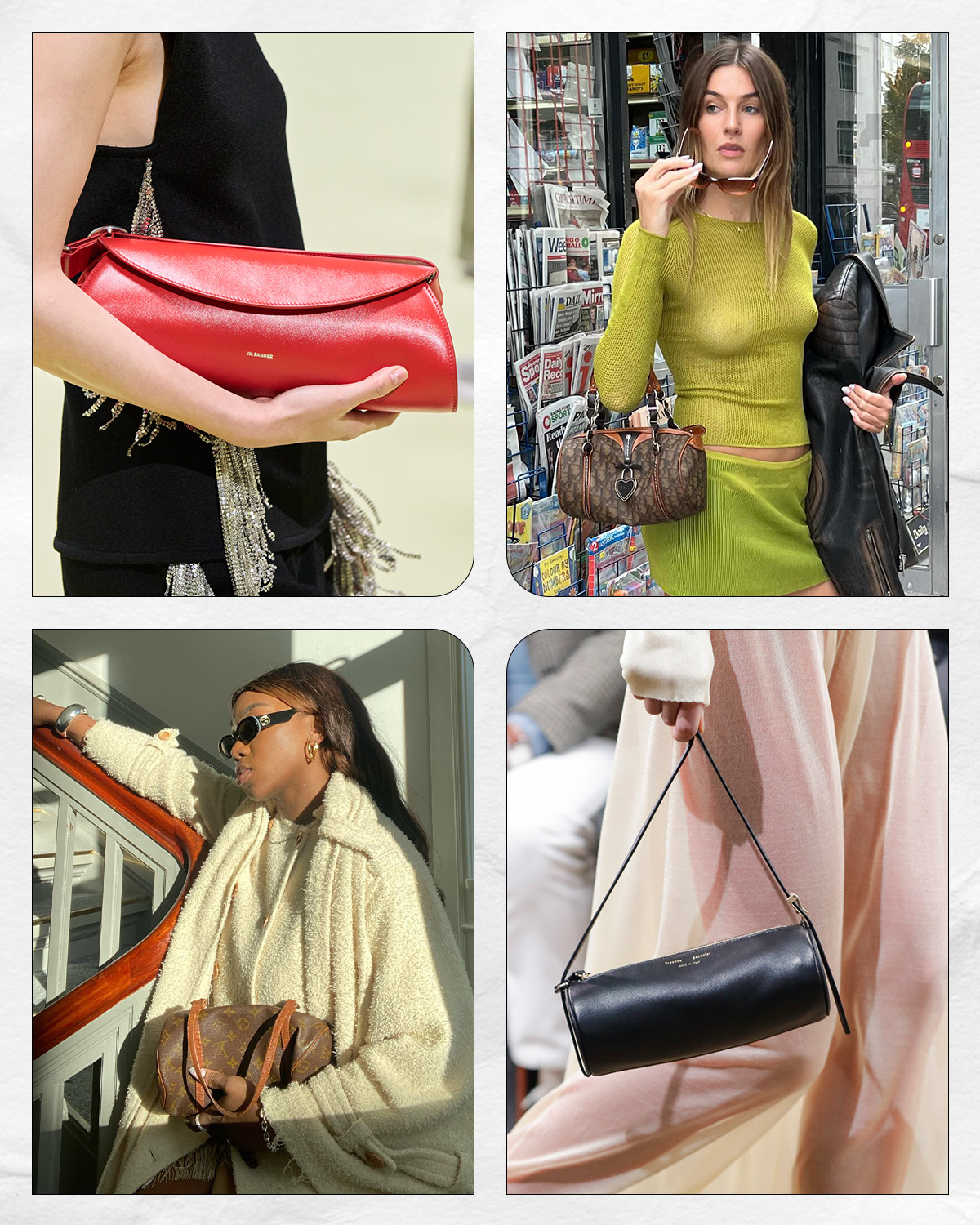 a collage of influencers and models wearing the '90s handbag trend: barrel shaped purses