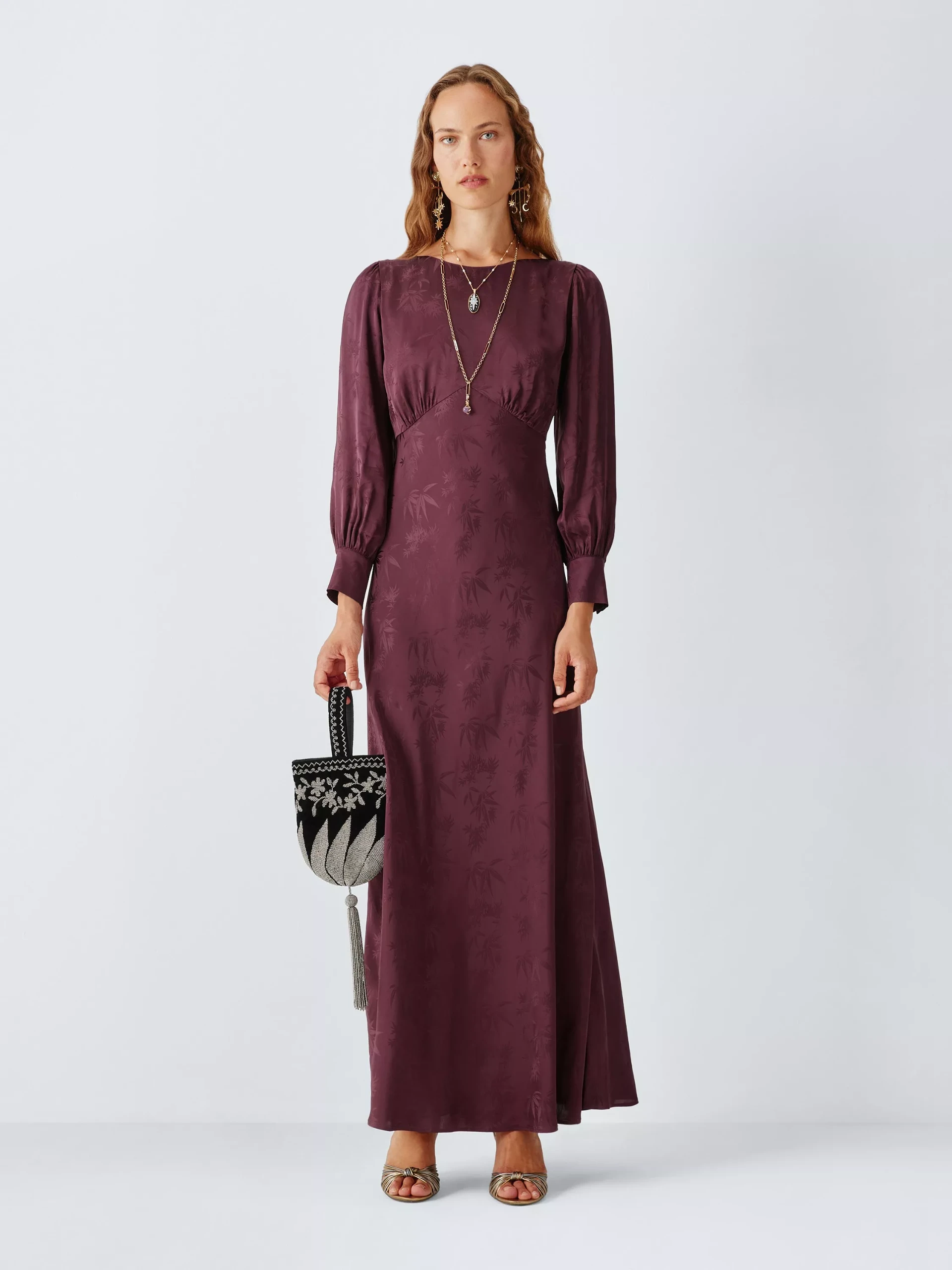 John Lewis X Rixo Marni Satin Jacquard Maxi Dress, Burgundy