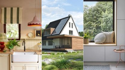 Kitchen light, solar panel on roof, window with window seat