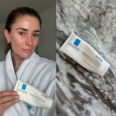 Article image of Eleanor holding la roche posay cicaplast balm and a photo of the product on marble surface