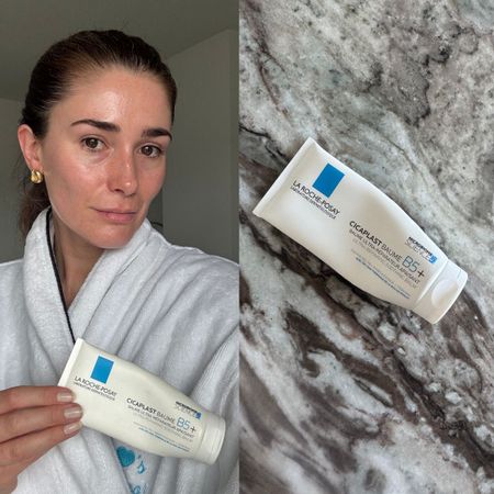 Article image of Eleanor holding la roche posay cicaplast balm and a photo of the product on marble surface