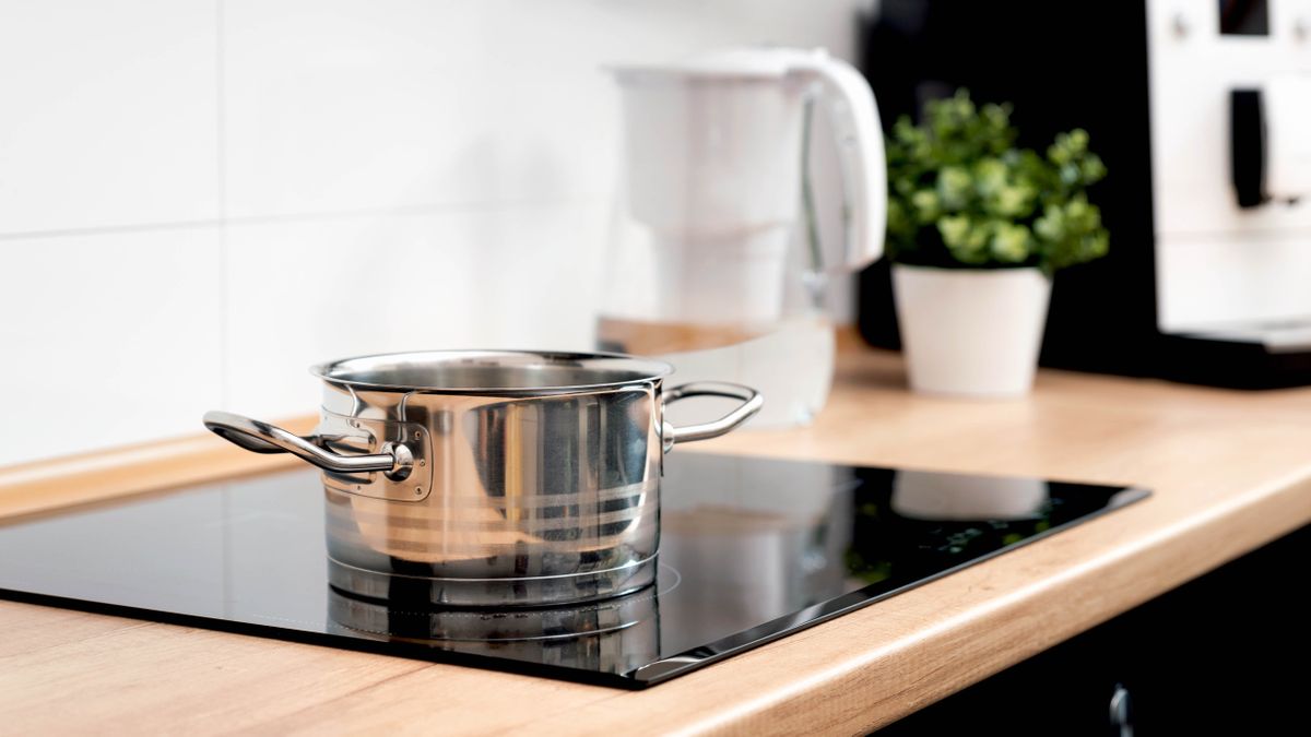 A steel pot cooking on an induction cooktop, with a jug of water, a plant and a coffee machine in the background