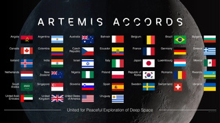 39 different nations' flags under the words "artemis accords" and an image of the moon