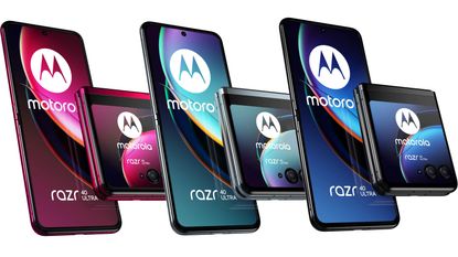 The Motorola Razr 40 Ultra shown in pink, light blue and black