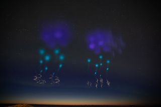 Two sounding rockets created a colorful light display in the night sky as they launched on a mission to study Earth's auroras. NASA's Auroral Zone Upwelling Rocket Experiment (AZURE) mission launched two Black Brant XI-A sounding rockets on April 5, 2019 from the Andøya Space Center in Norway.