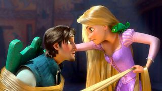 Rapunzel has a man tied to a chair using her hair in Tanglede Mermaid