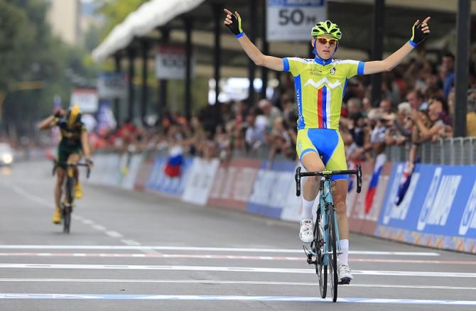 Matej Mohoric (Slovenia) wins the U23 men's road race at Worlds