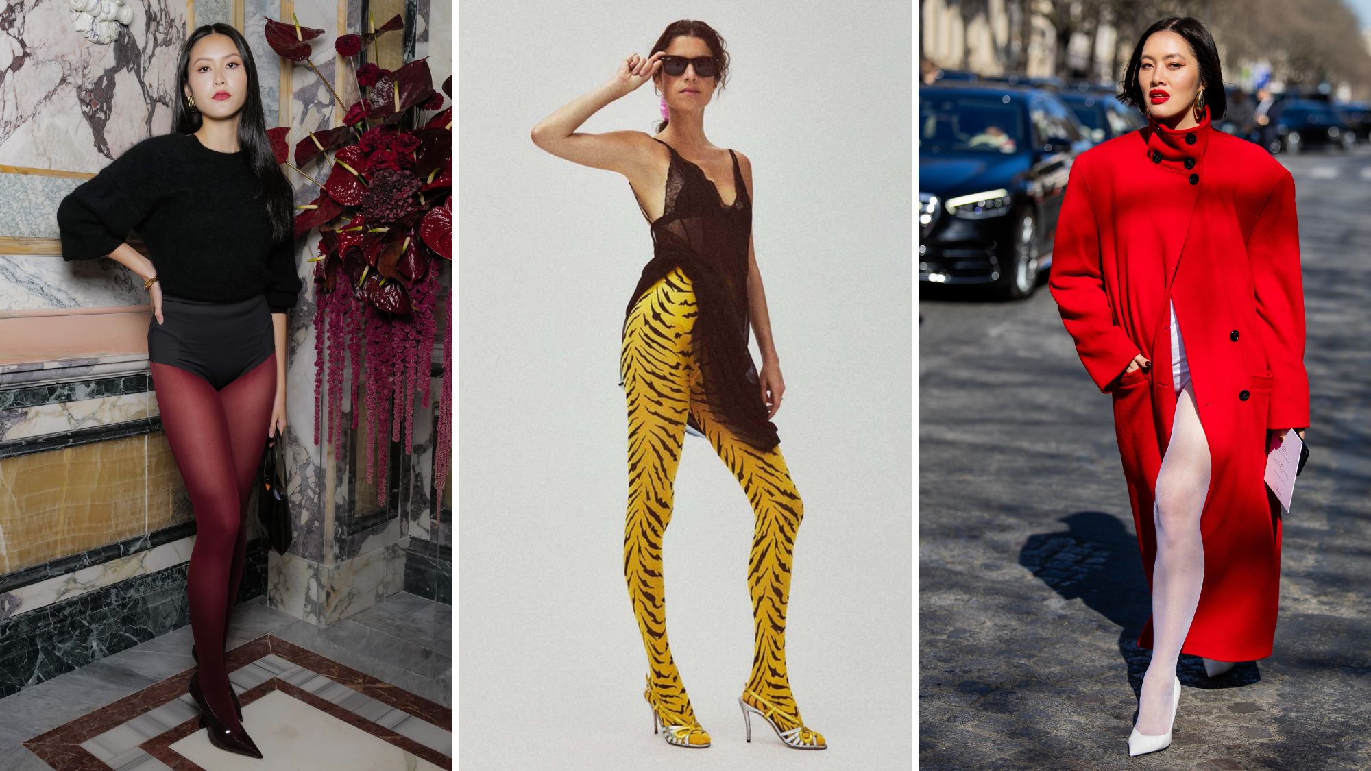 three women wearing statement tights