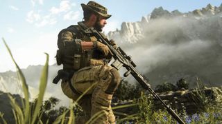 Captain Price kneels in a grassy field, holding a sniper rifle. Mountains can be seen in the background.