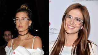 Hailey Bieber and Zoey Deutch wearing eyeglasses trends 2024