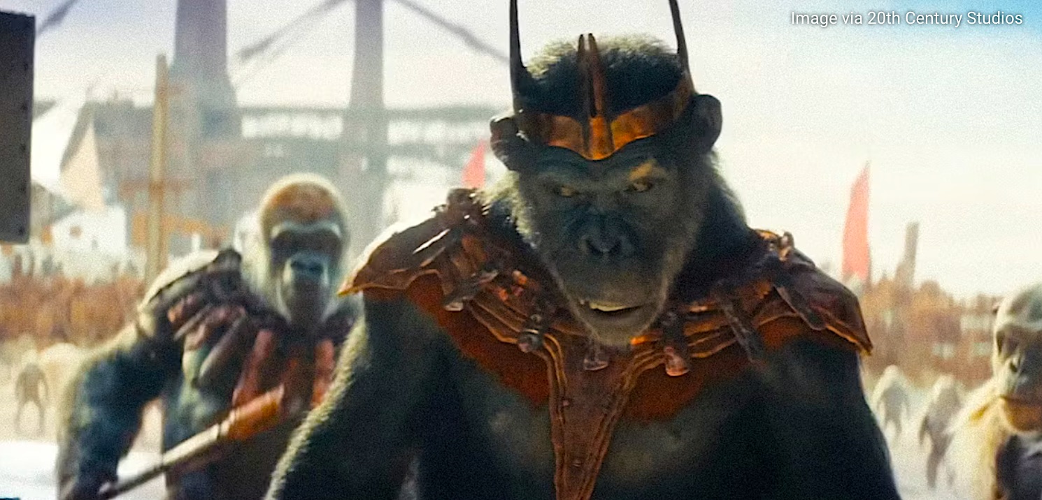 a menacing intelligent ape wearing a red and gold crown