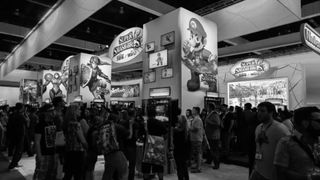 A photo of a crowd at E3 2014 in monochrome