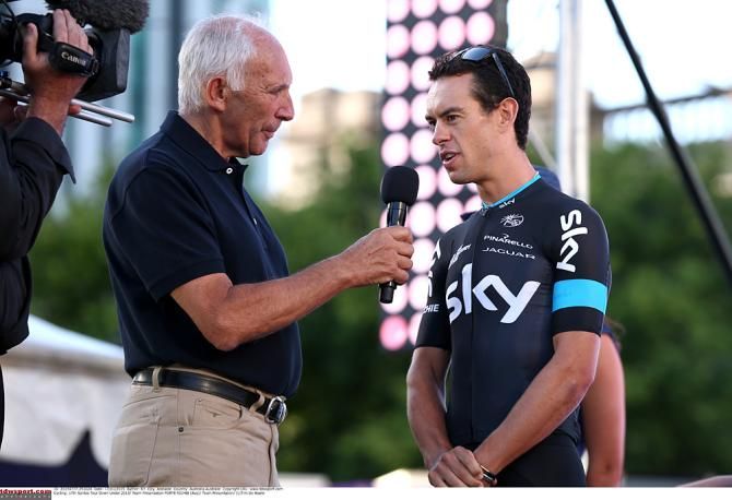Richie Porte (Sky) speaks to Phil Liggett at the Tour Down Under presentation