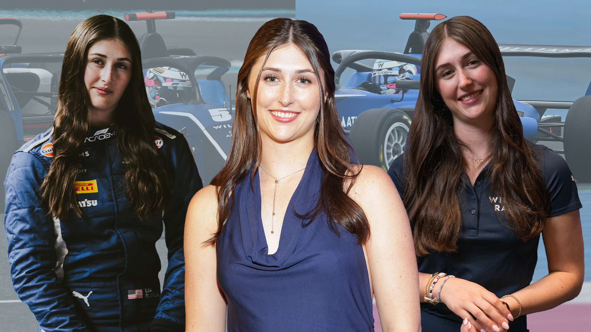 Lia Block from F1 Academy standing in front of two photos of blue race cars.