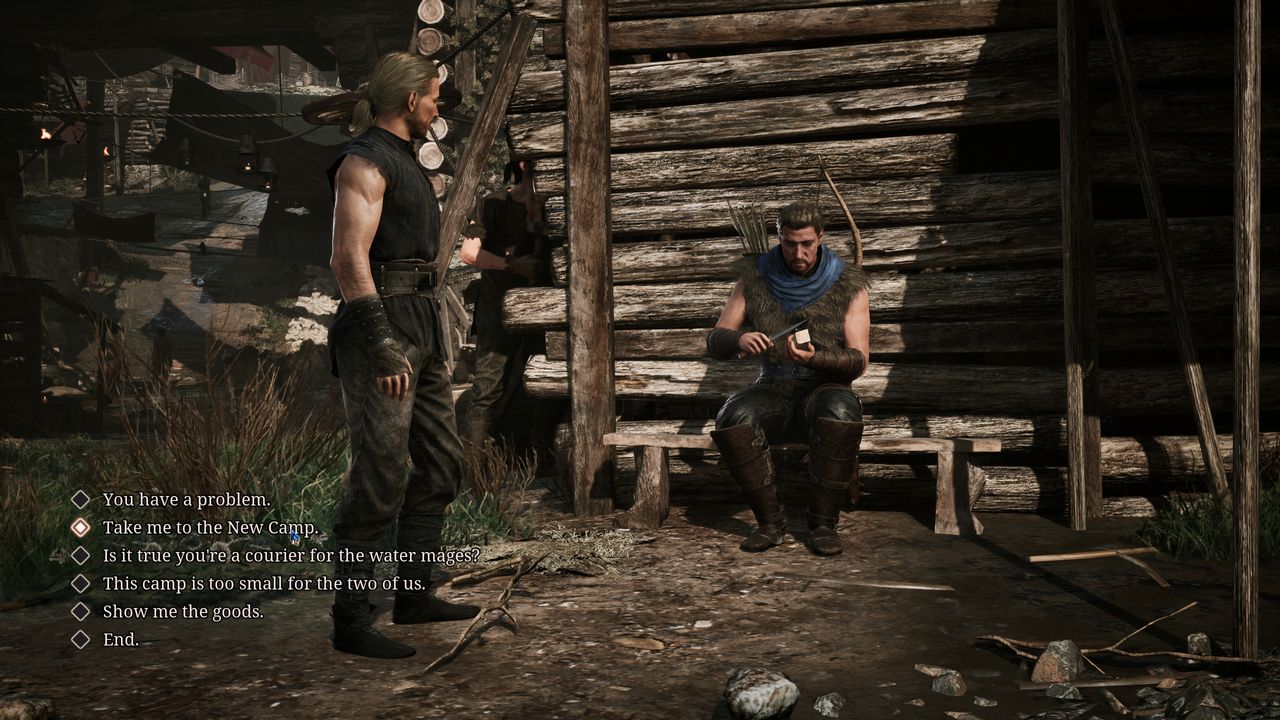 Gothic Remake New Camp: A player about to ask Mordrag, who's sitting on a bench, to take them to the New Camp.