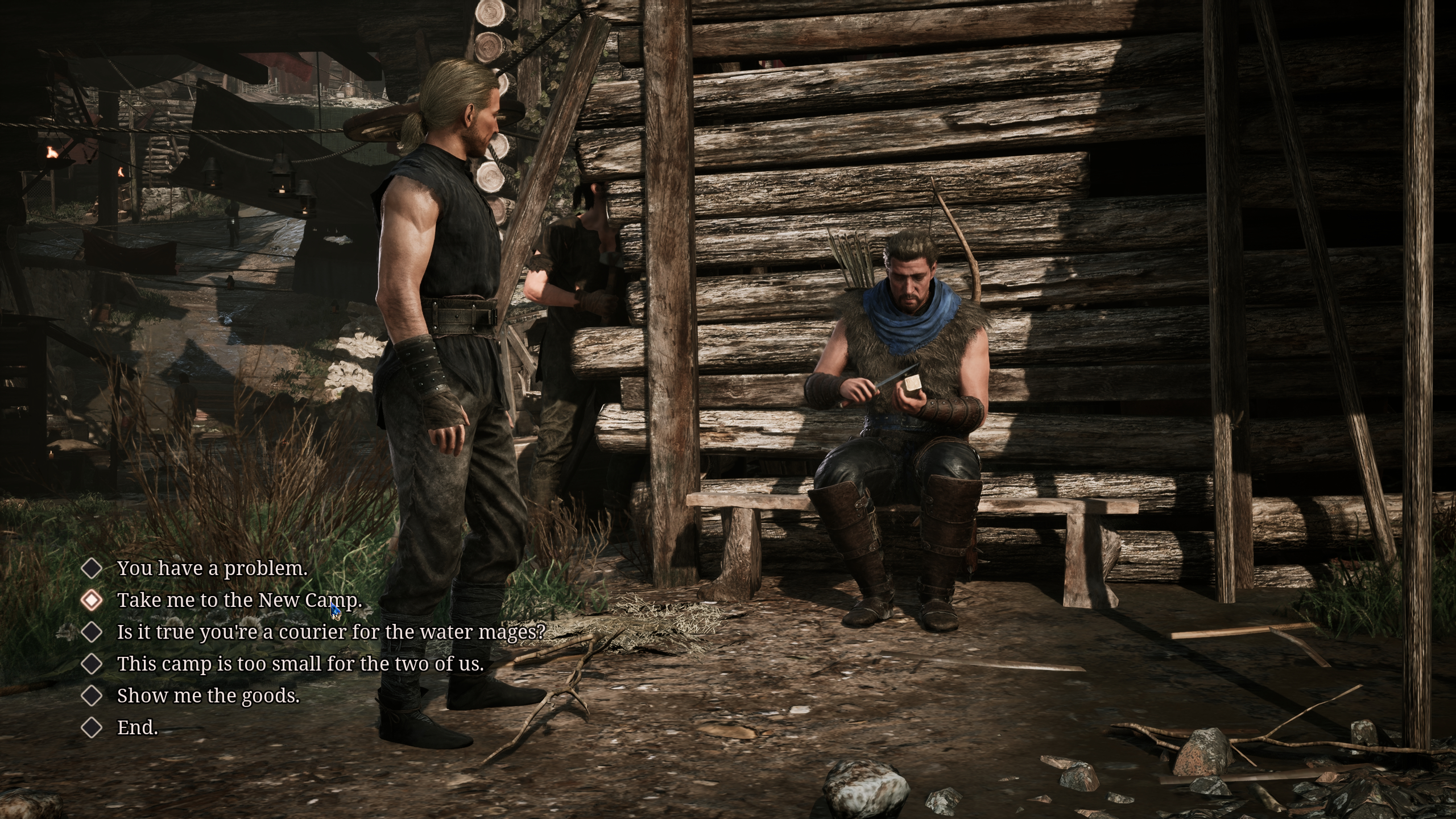 Gothic Remake New Camp: A player about to ask Mordrag, who's sitting on a bench, to take them to the New Camp.