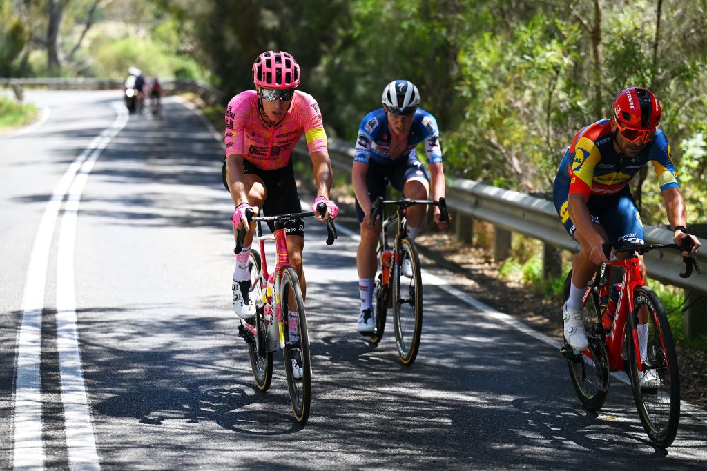 Gil Gelders (Soudal Quick-Step), Stefan De Bod (EF Education-Easypost) and Jacopo Mosca (Lidl-Trek) in the breakaway