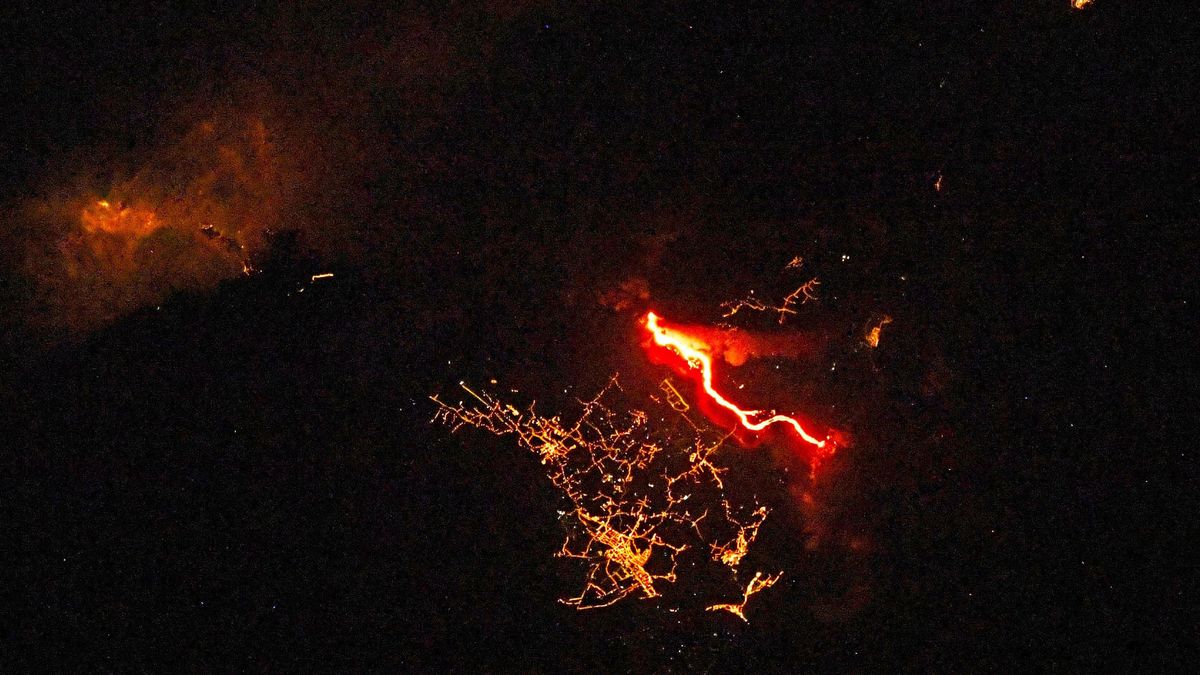 A burning lava scar on the La Palma island seen from the International Space Station