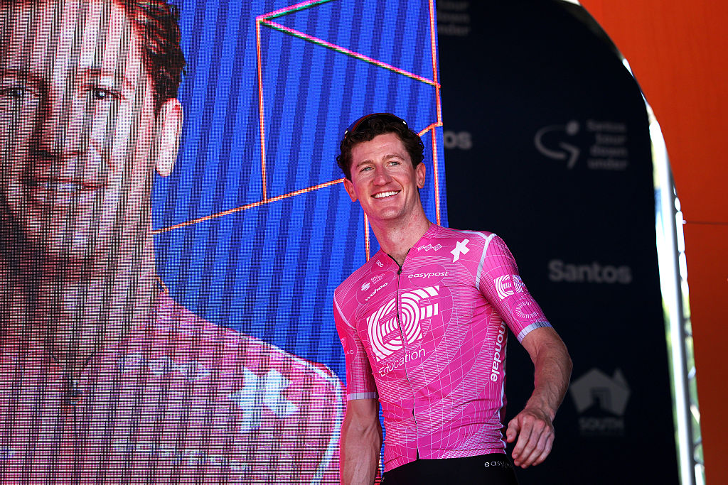 STIRLING, AUSTRALIA - JANUARY 25: Harry Sweeny of Australia and Team EF Education - EasyPost on third place poses on the podium ceremony after the 26th Santos Tour Down Under 2026, Stage 5 a 169.8km stage from Stirling to Stirling / #UCIWT / on January 25, 2026 in Stirling, Australia. (Photo by Con Chronis/Getty Images)