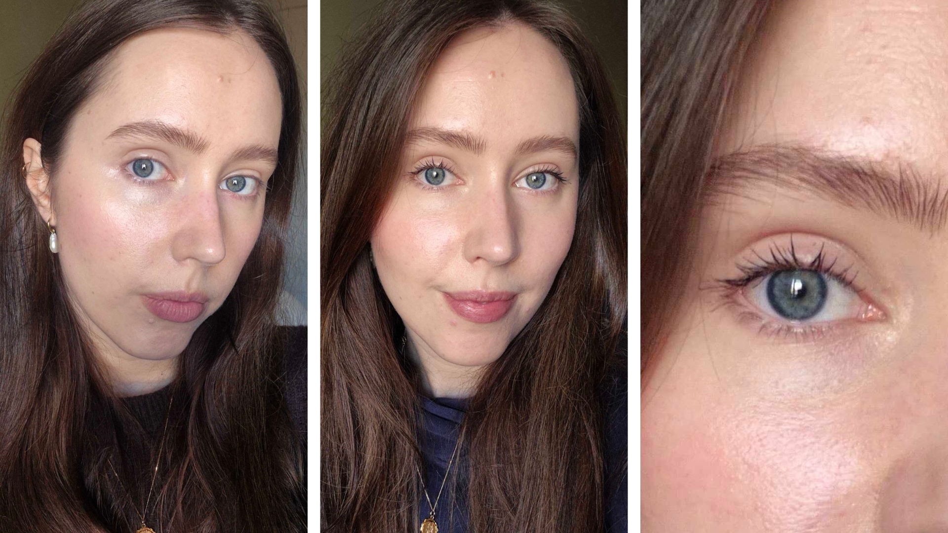 On the left is a picture of Digital Beauty Writer, Naomi Jamieson with no mascara on, followed by a picture of her having applied the Merit Mascara, and on the right, a close-up of her eye to show the mascara on her eyelashes, in detail.