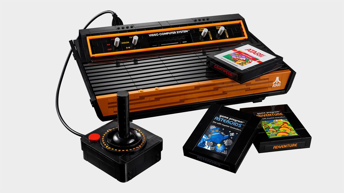 Lego Atari 2600 pictured with accessories.