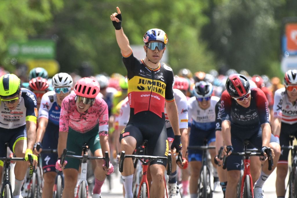 Belgian Wout Van Aert of Team JumboVisma celebrates as he crosses the finish line to win the first stage of the Criterium du Dauphine cycling race 192 km between La VoultesurRhone and Beauchastel France Sunday 05 June 2022BELGA PHOTO DAVID STOCKMAN Photo by DAVID STOCKMAN BELGA MAG Belga via AFP Photo by DAVID STOCKMANBELGA MAGAFP via Getty Images