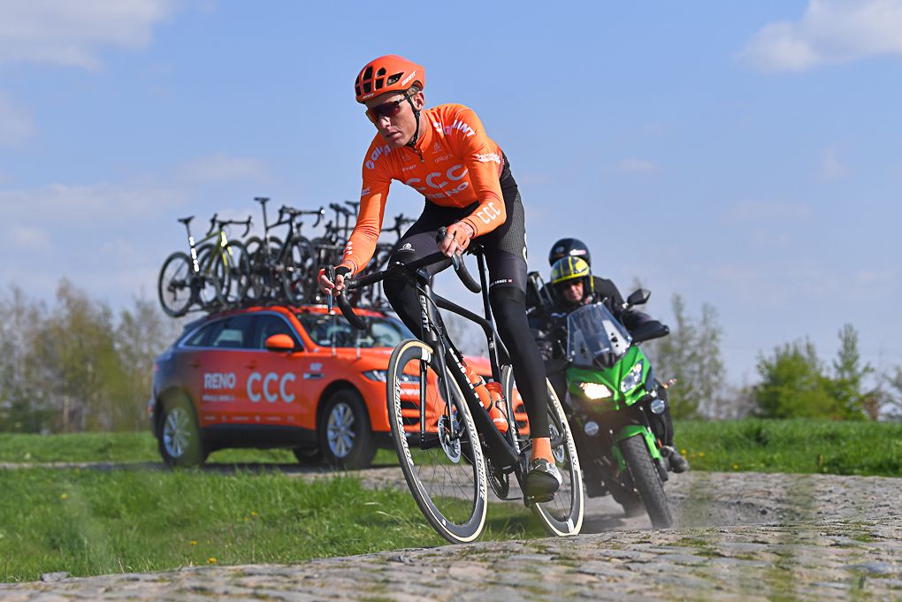 Michael Sch&auml;r (CCC Team) recons the Paris-Roubaix cobbles