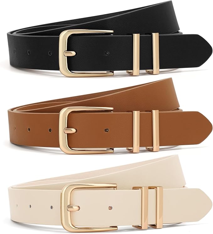 XZQTIVE, Xzqtive 3 Pack Women Belts for Jeans Dresses Pants Ladies Leather Waist Belt With Gold Buckle