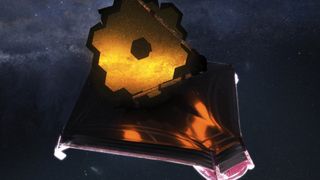 illustrated close-up of james webb space telescope with stars in behind