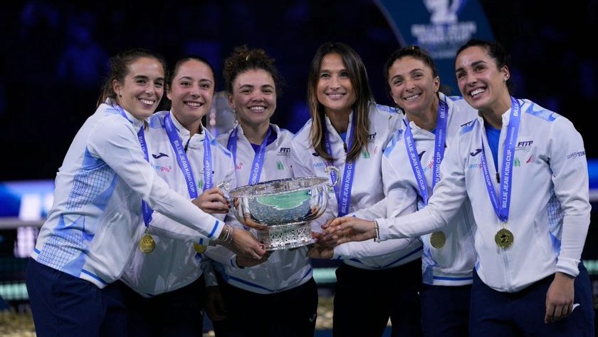 The victorious Italy Billie Jean King Cup celebrate winning the 2024 title.