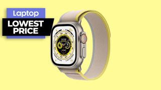 Apple Watch Ultra with yellow, beige trail loop band against yellow background 