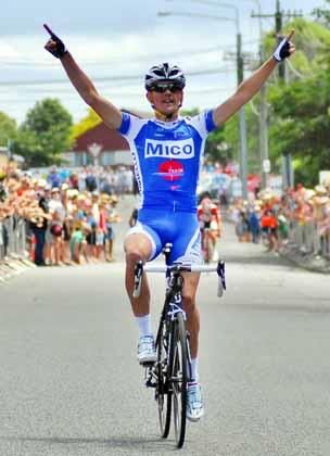 Michael Vink celebrates victory in the RaboDirect national Road Cycling Championships in Christchurch.