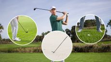 a golfer hitting a hybrid, with three inset images of three shots amateur golfers should master with a hybrid - demonstrated by Top 50 Coach Ged Walters