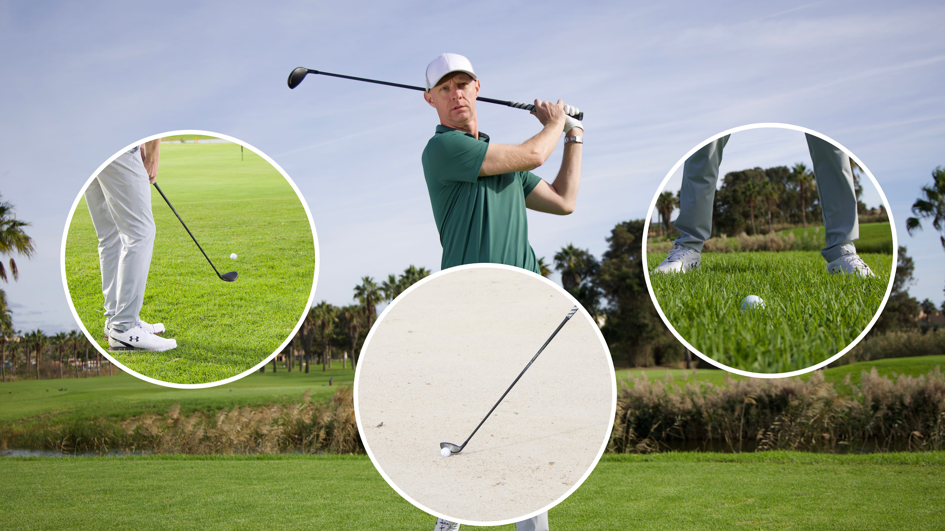 a golfer hitting a hybrid, with three inset images of three shots amateur golfers should master with a hybrid - demonstrated by Top 50 Coach Ged Walters