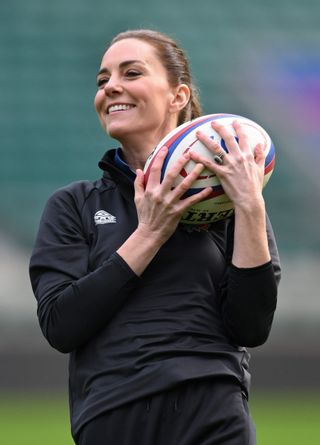 LONDON, ENGLAND - FEBRUARY 02: Catherine, Duchess of Cambridge takes part in an England rugby training session, after becoming Patron of the Rugby Football Union at Twickenham Stadium on February 02, 2022 in London, England. (Photo by Karwai Tang/WireImage)