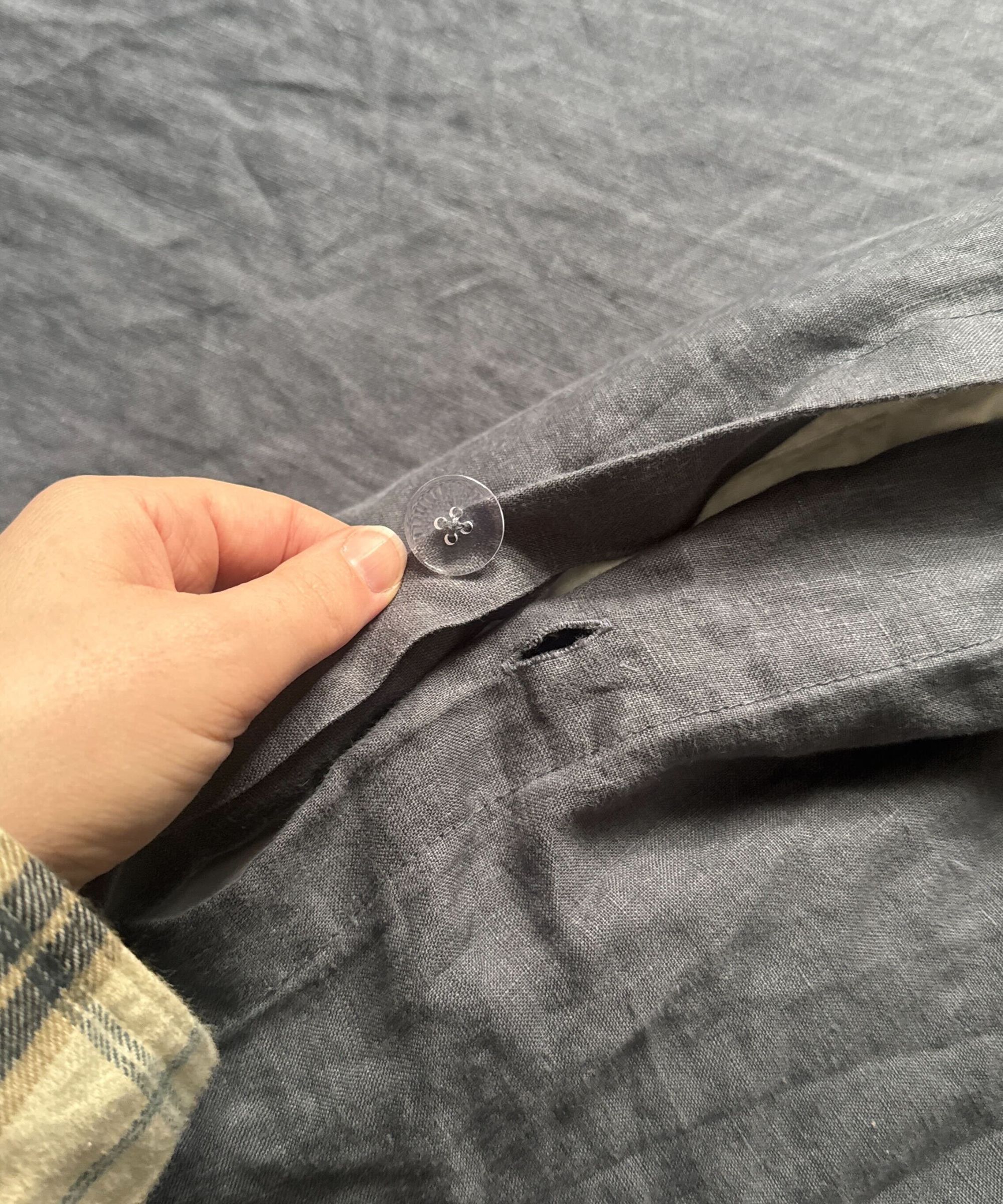 close up details of Pottery Barn's linen bedding