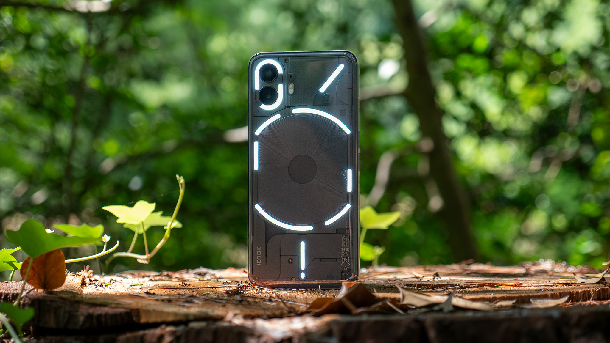 The Glyph lights illuminated on the back of a Nothing Phone (2)